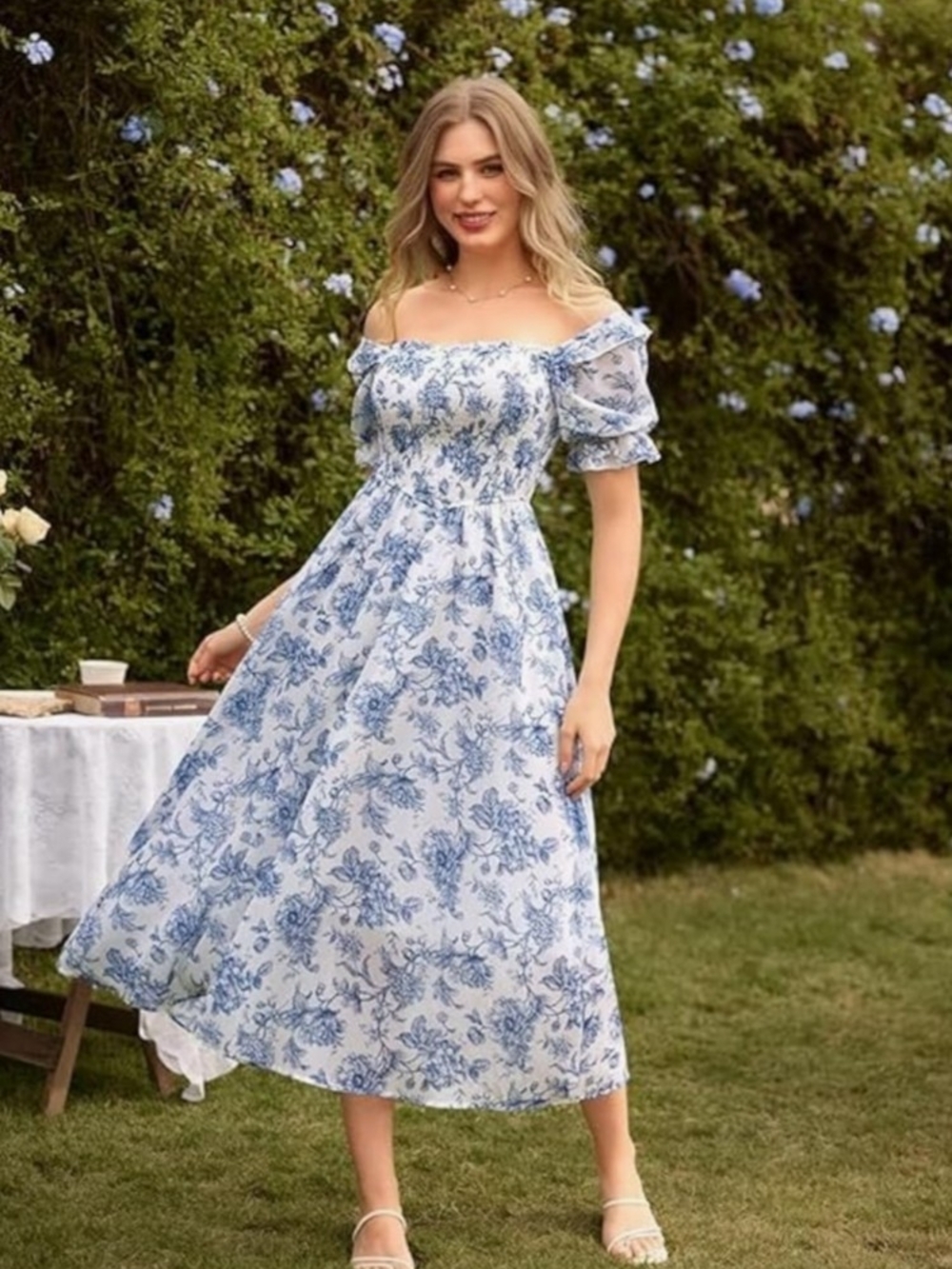 Smocked Off-Shoulder Floral Midi Dress in Light Blue